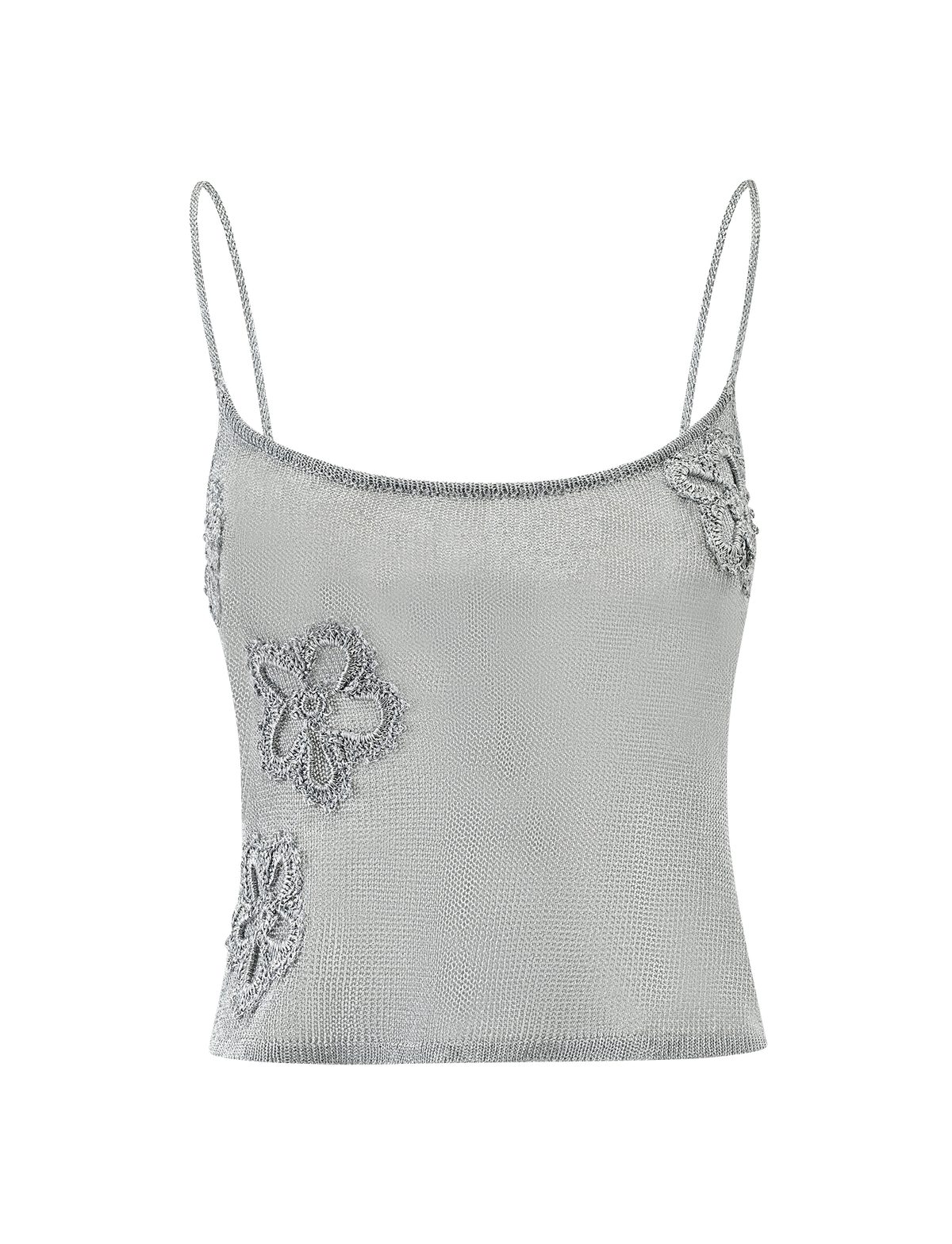 The TIGERMIST ISATANA TOP in silver is a sleeveless camisole with thin spaghetti straps, floral appliqué detail on the front, and a chic, shimmery metallic knit finish.