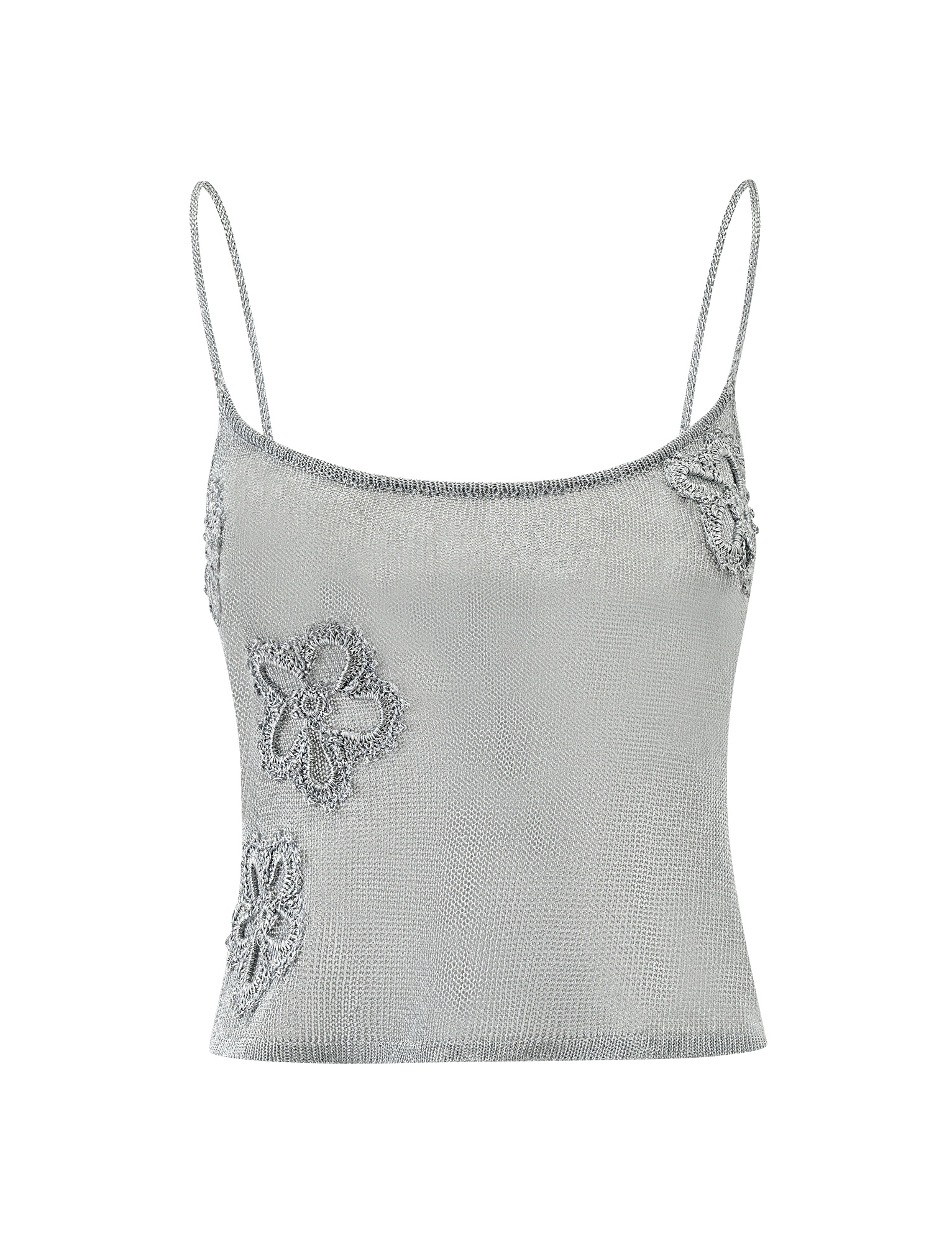 The TIGERMIST ISATANA TOP in silver is a sleeveless camisole with thin spaghetti straps, floral appliqué detail on the front, and a chic, shimmery metallic knit finish.