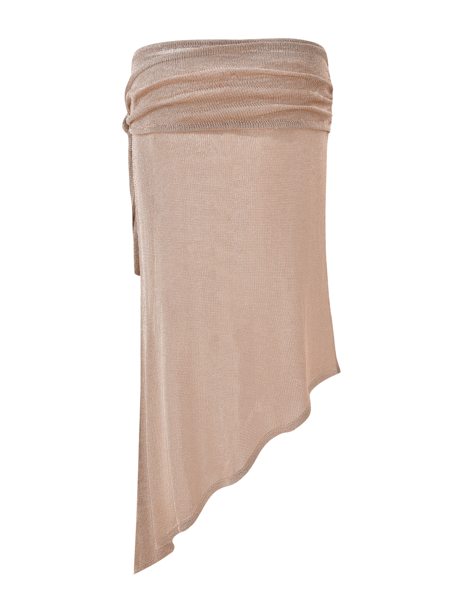 The ISATANA SKIRT - GOLD by TIGERMIST features a beige, semi-sheer design with a high-waisted ruched waistband and an asymmetric hemline draping longer on one side.