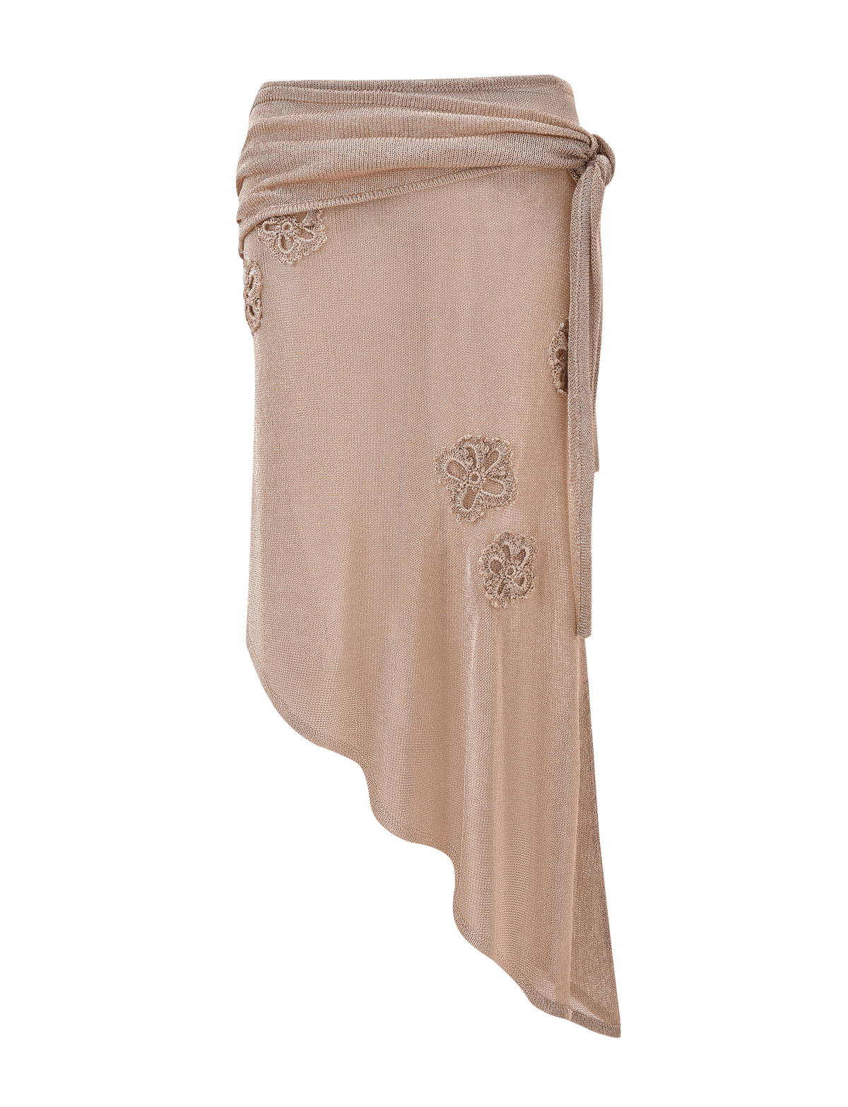 The ISATANA SKIRT - GOLD by TIGERMIST is a beige asymmetrical wrap skirt featuring a waist tie and floral lace appliqués on the front, showcased against a plain white background.