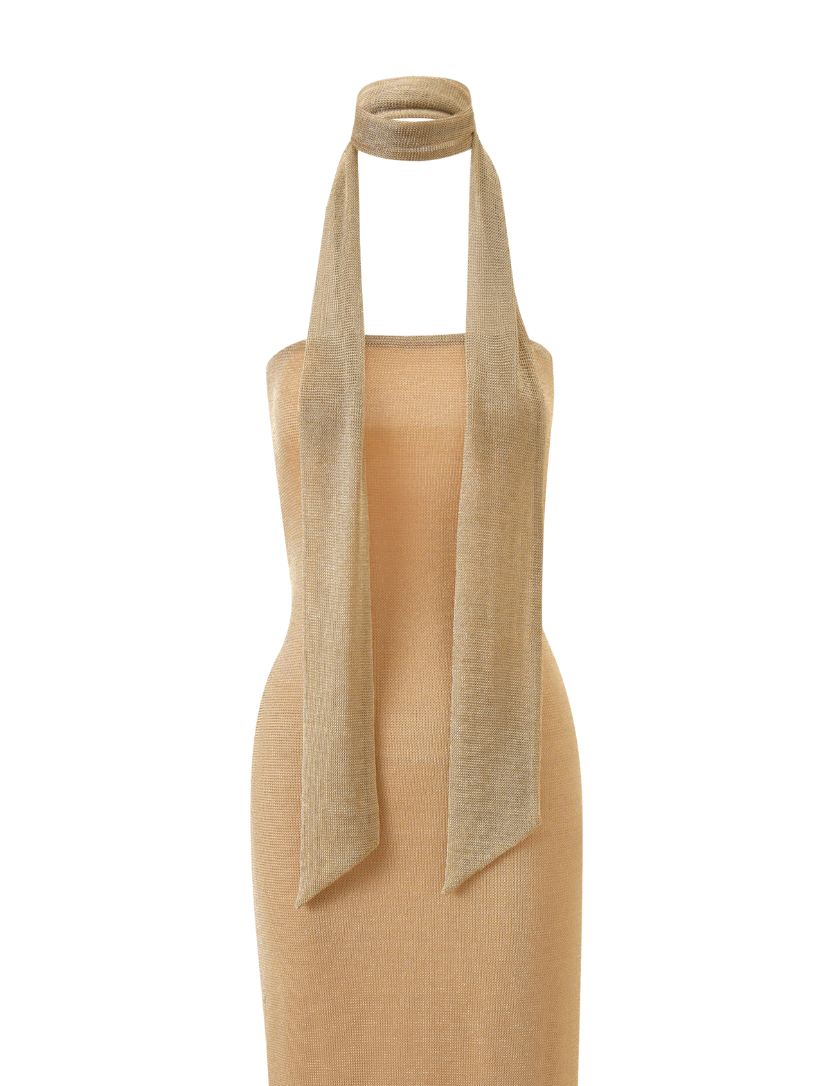 The DANIELA SCARF DRESS 2.0 - GOLD by TIGERMIST, a sleeveless light gold knit maxi dress with a straight neckline, is styled on a mannequin with an elegant matching long scarf draped around the neck.