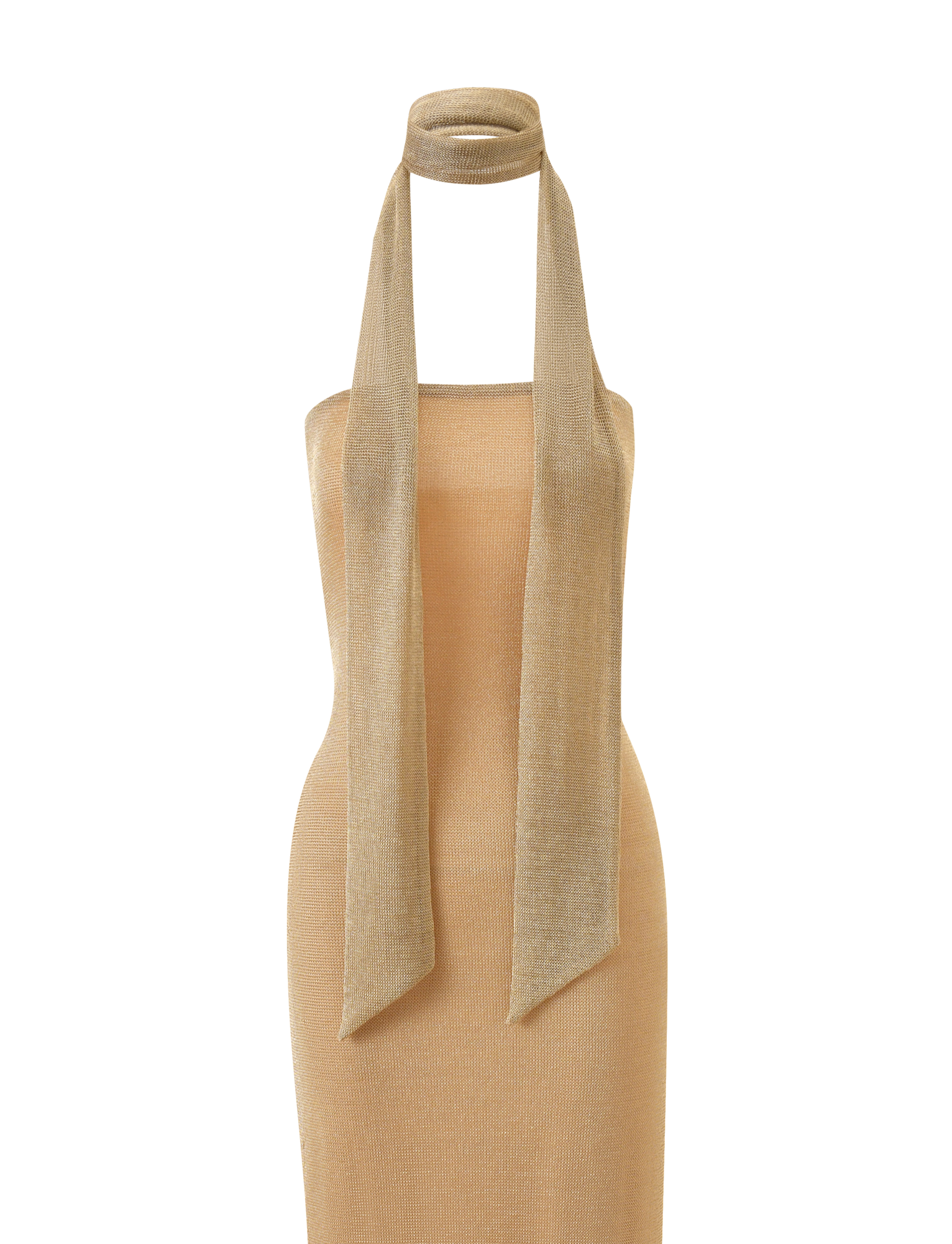 The DANIELA SCARF DRESS 2.0 - GOLD by TIGERMIST, a sleeveless light gold knit maxi dress with a straight neckline, is styled on a mannequin with an elegant matching long scarf draped around the neck.