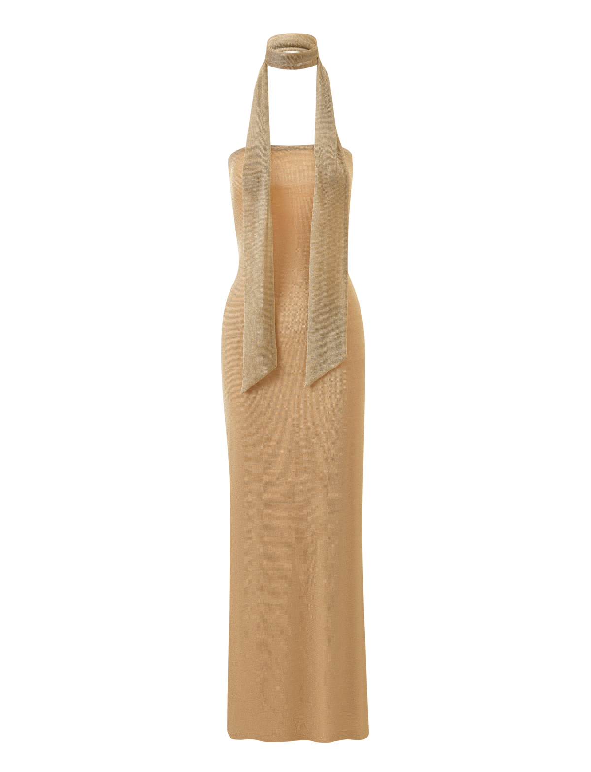 The DANIELA SCARF DRESS 2.0 - GOLD by TIGERMIST is a long, sleeveless knit dress with a straight neckline and a matching scarf, shown on a white background.