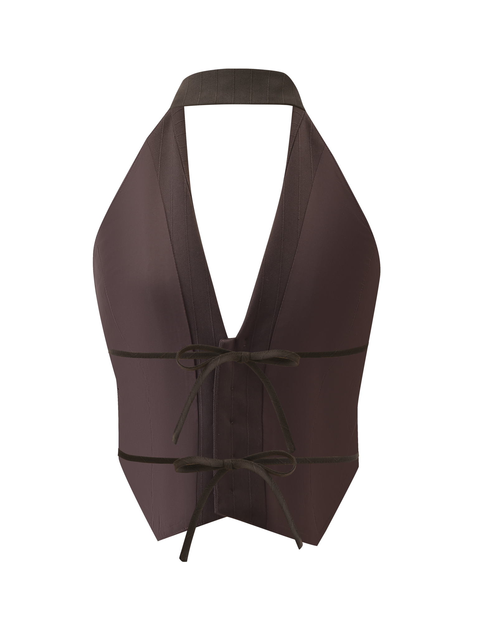 The TIGERMIST FEDRA VEST - CHOCOLATE is a sleeveless, backless halter vest in rich chocolate with a deep V-neck and two black front ties, shown on a white background for a bold, chic look.