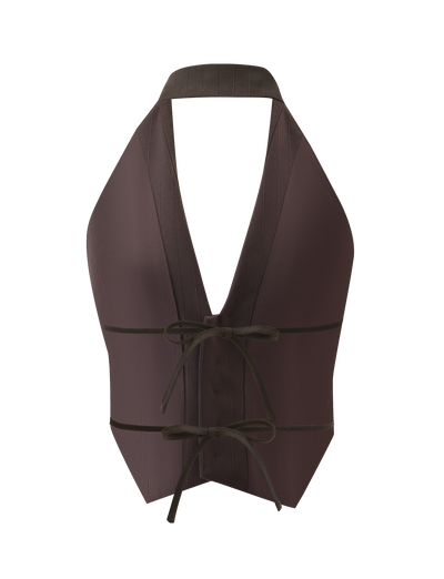 The TIGERMIST FEDRA VEST - CHOCOLATE is a sleeveless, backless halter vest in rich chocolate with a deep V-neck and two black front ties, shown on a white background for a bold, chic look.