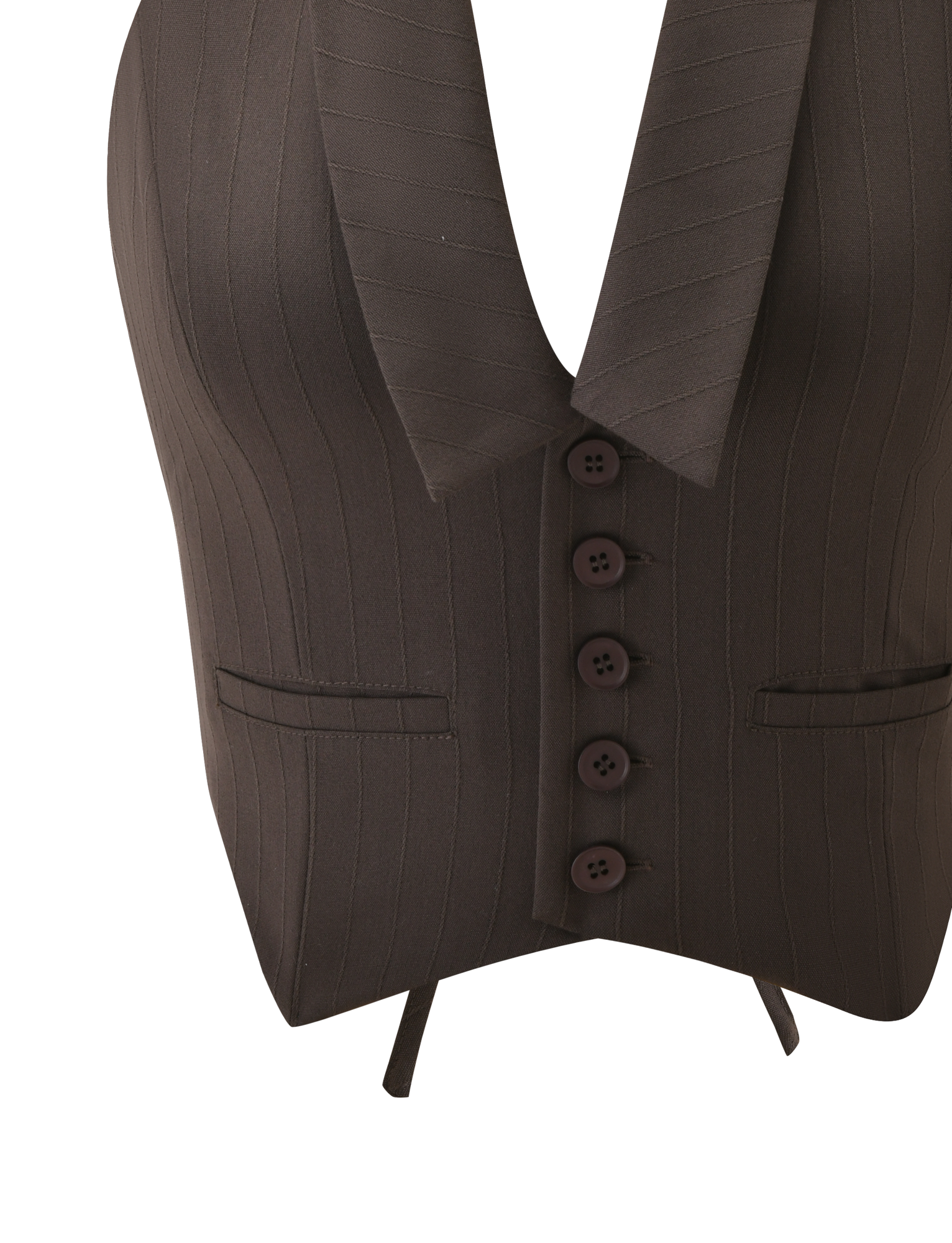 The FEDRA VEST - CHOCOLATE by TIGERMIST features a chocolate hue with dark brown pinstripes, a deep V-neck, five front buttons, two welt pockets, and a pointed hem.