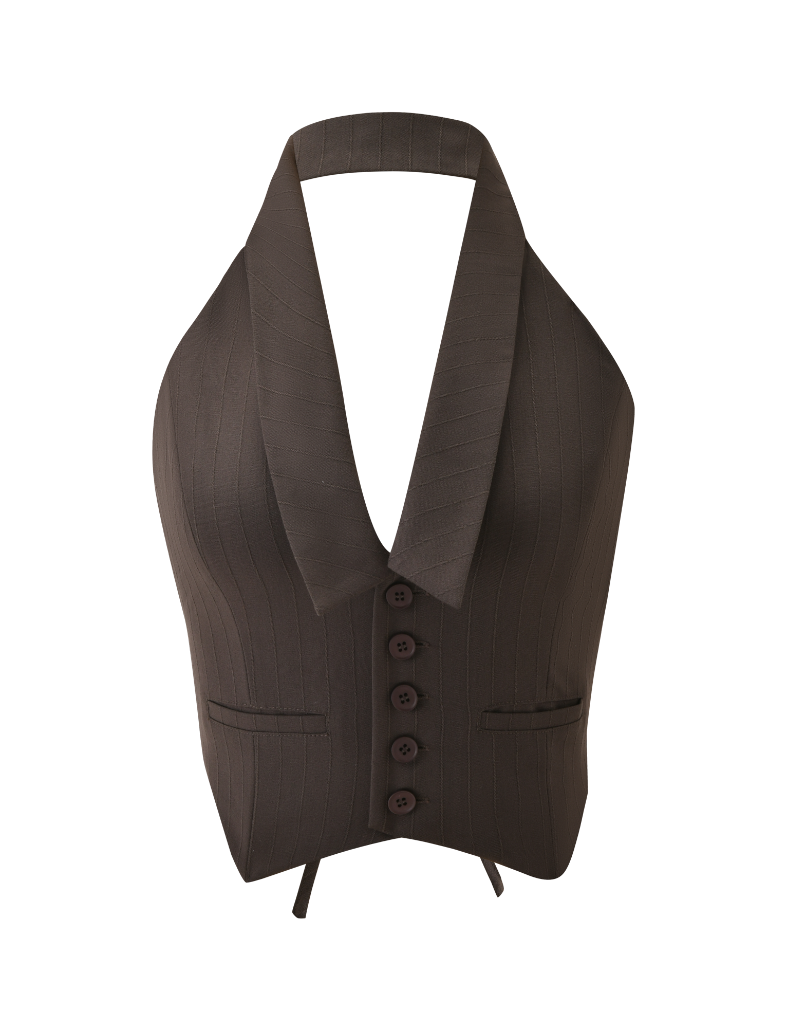 The TIGERMIST FEDRA VEST - CHOCOLATE is a brown pinstriped, backless halter vest with a deep V-neckline, four front buttons, two small pockets, and a wide collar, shown against a white background.