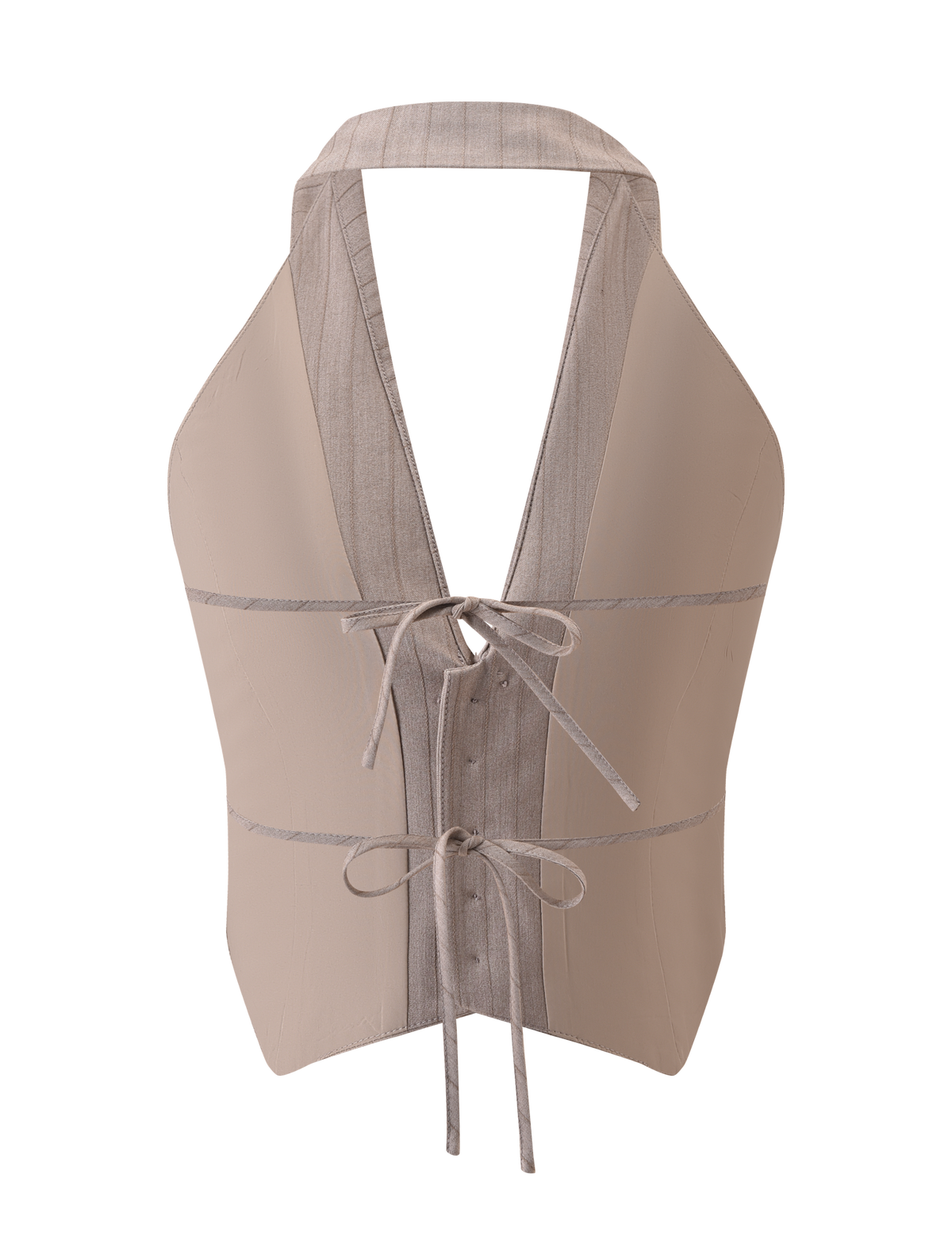 The TIGERMIST FEDRA VEST in tan pinstripe features a halter design, deep V-neckline, and two thin front ties for closure, shown against a plain white background.