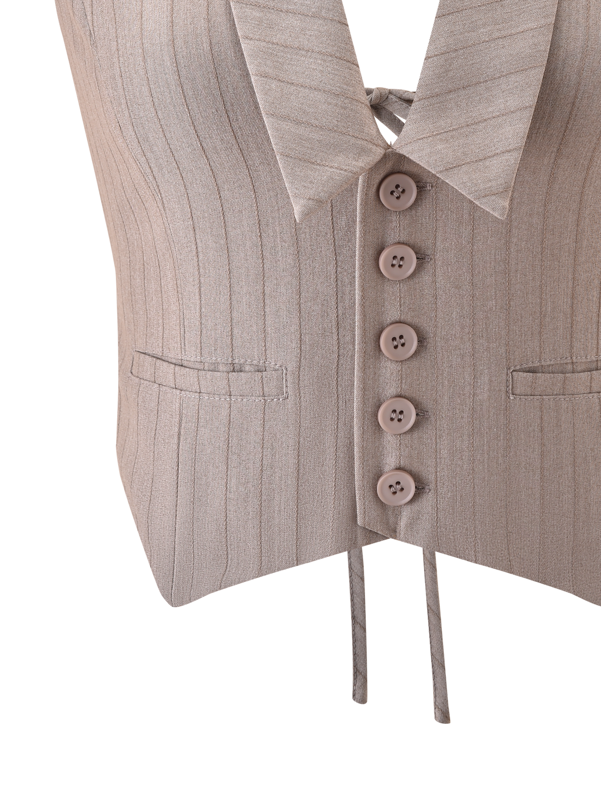 A close-up of the TIGERMIST FEDRA VEST - TAN PINSTRIPE: a light beige vest with tan pinstripes, five buttons, V-neck, two front pockets, and a tie-back detail at the hem.