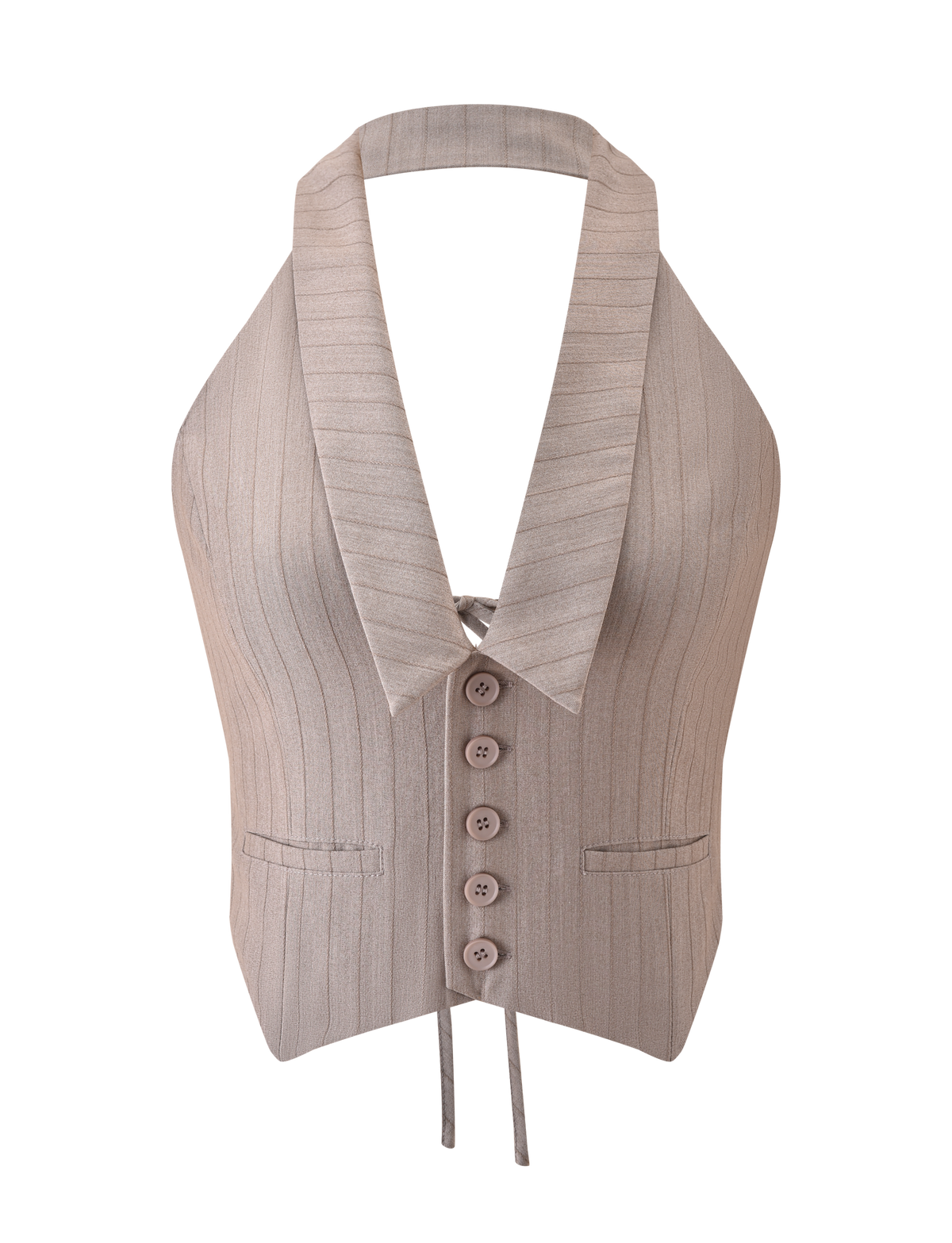 The FEDRA VEST - TAN PINSTRIPE by TIGERMIST is a chic halter suiting vest featuring wide lapels, five front buttons, two welt pockets, and an open back with waist ties for a modern take on classic tailoring.