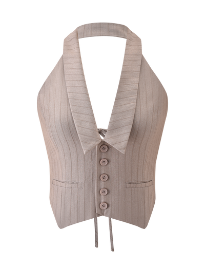 The FEDRA VEST - TAN PINSTRIPE by TIGERMIST is a chic halter suiting vest featuring wide lapels, five front buttons, two welt pockets, and an open back with waist ties for a modern take on classic tailoring.