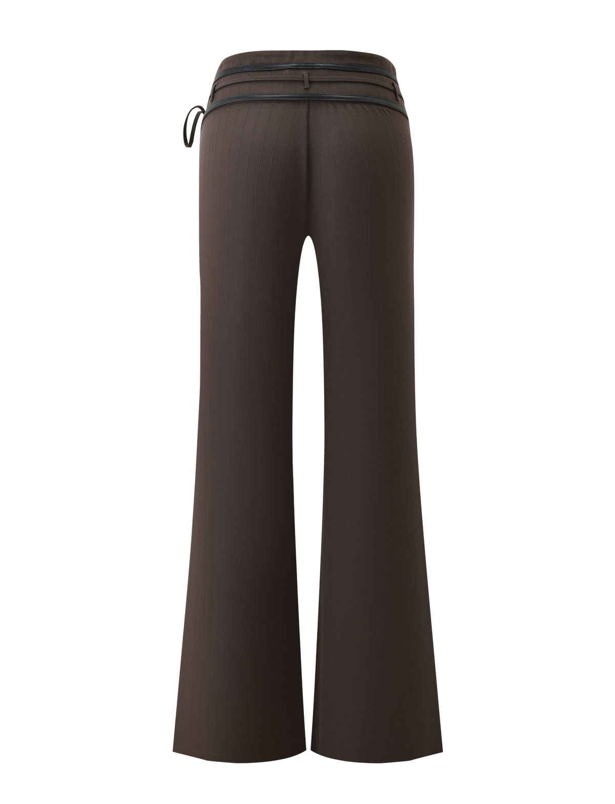 FEDRA PANT - CHOCOLATE by TIGERMIST: high-waisted, flared brown pants with subtle pinstripes and black PU leather trim at the waistband, shown from the back on a white background.