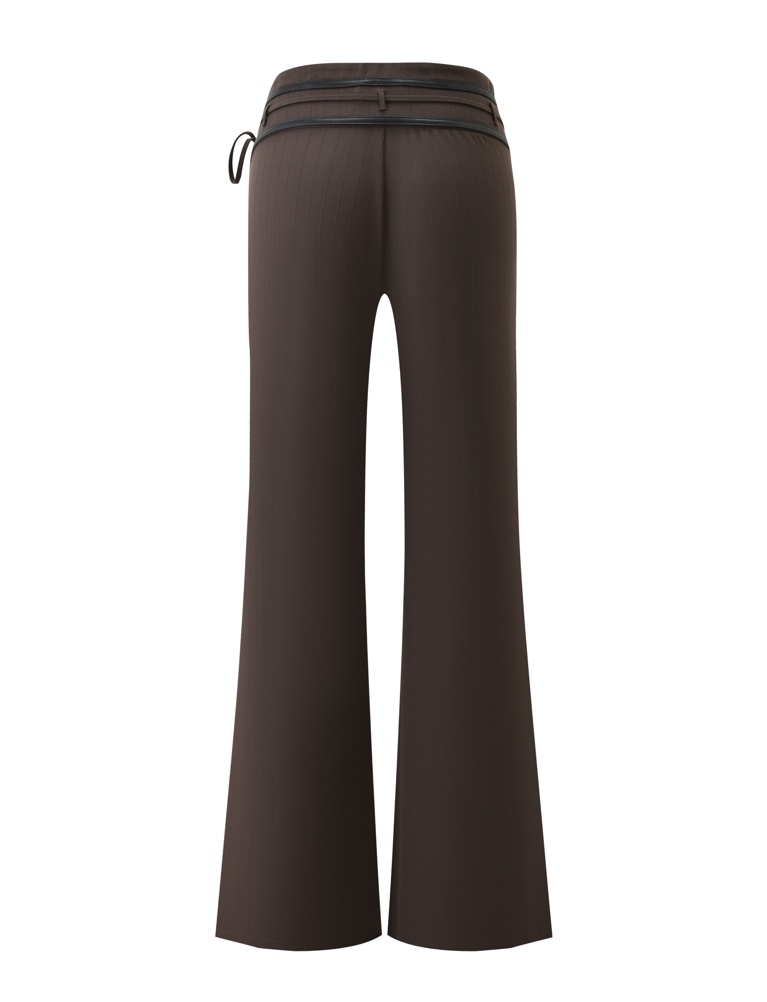 FEDRA PANT - CHOCOLATE by TIGERMIST: high-waisted, flared brown pants with subtle pinstripes and black PU leather trim at the waistband, shown from the back on a white background.