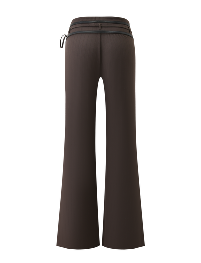 FEDRA PANT - CHOCOLATE by TIGERMIST: high-waisted, flared brown pants with subtle pinstripes and black PU leather trim at the waistband, shown from the back on a white background.