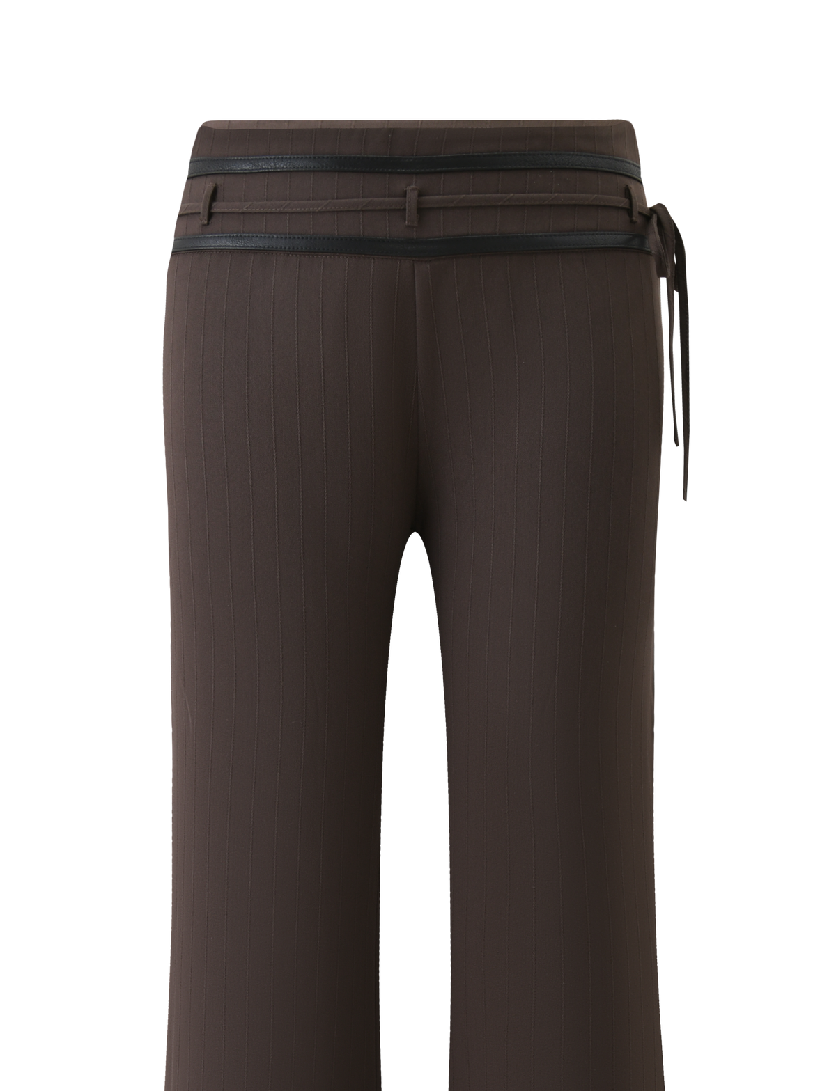 The FEDRA PANT - CHOCOLATE by TIGERMIST features a brown ribbed, high-waisted design with a PU leather trim belt and side tie, shown from the back against a white background.