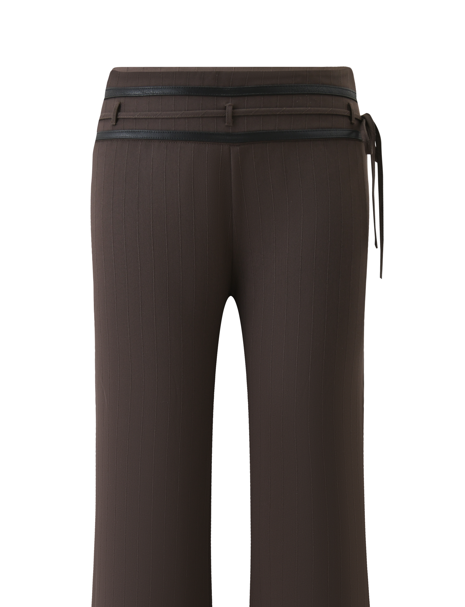 The FEDRA PANT - CHOCOLATE by TIGERMIST features a brown ribbed, high-waisted design with a PU leather trim belt and side tie, shown from the back against a white background.