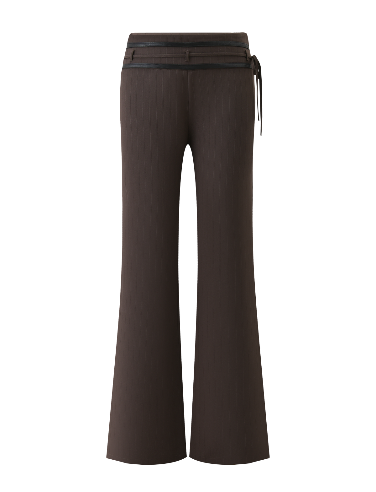 FEDRA PANT - CHOCOLATE by TIGERMIST: Brown flared trousers with subtle pinstripes, PU leather trim, and a black waistband with side tie detail, displayed from the back on a white background.