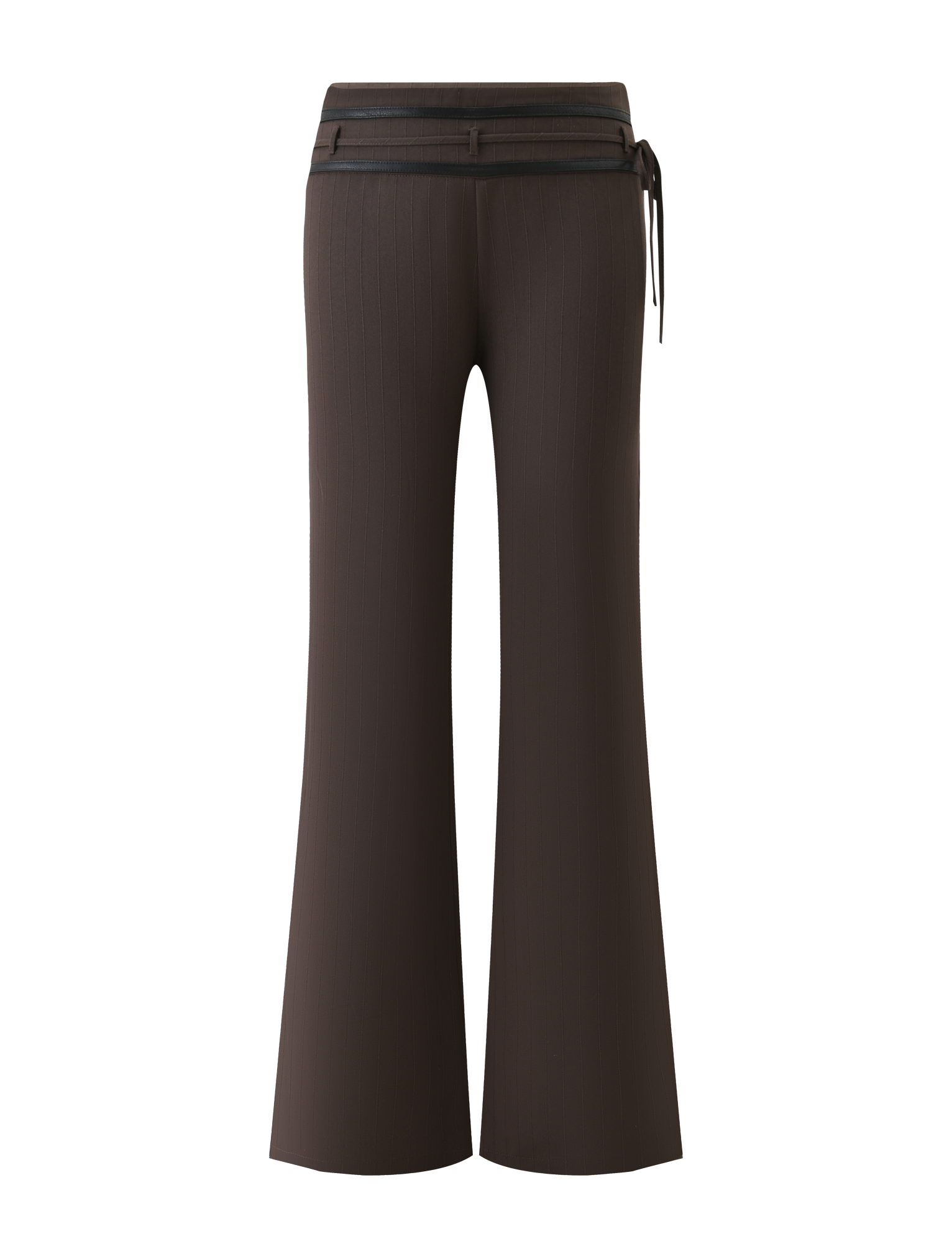 FEDRA PANT - CHOCOLATE by TIGERMIST: Brown flared trousers with subtle pinstripes, PU leather trim, and a black waistband with side tie detail, displayed from the back on a white background.