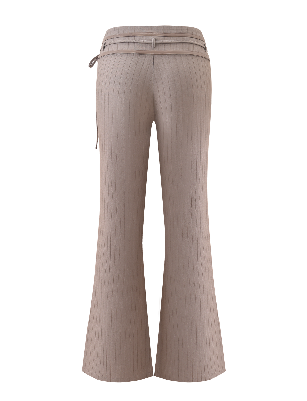 Back view of TIGERMIST FEDRA PANT - TAN PINSTRIPE, a high-waisted, flared suit pant with a thin matching belt, highlights its tailored elegance against a white background.