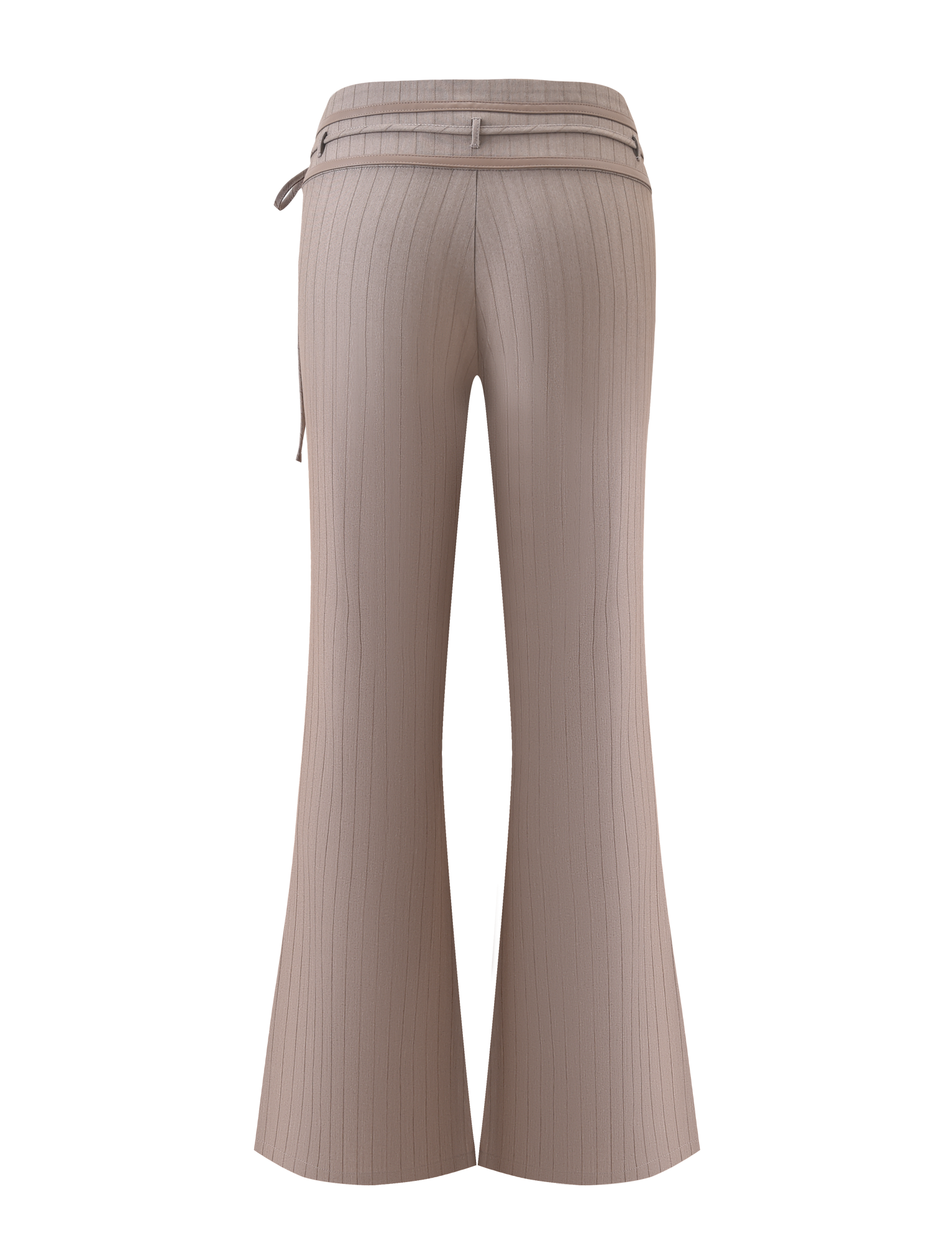 Back view of TIGERMIST FEDRA PANT - TAN PINSTRIPE, a high-waisted, flared suit pant with a thin matching belt, highlights its tailored elegance against a white background.