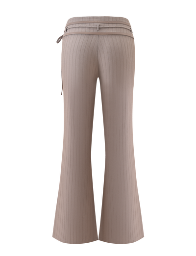 Back view of TIGERMIST FEDRA PANT - TAN PINSTRIPE, a high-waisted, flared suit pant with a thin matching belt, highlights its tailored elegance against a white background.