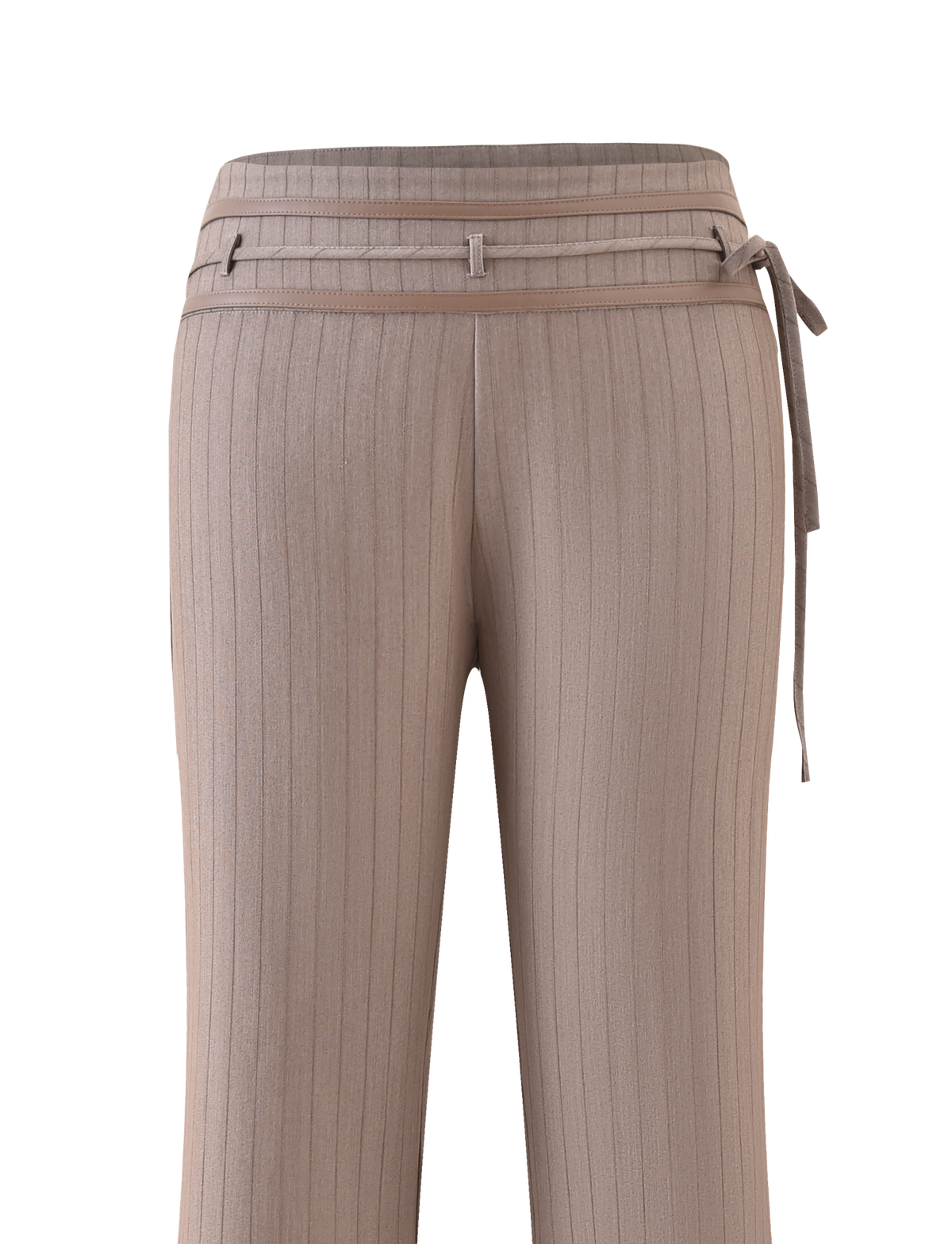 TIGERMIST FEDRA PANT in tan pinstripe, high-waisted with a matching fabric belt and side tie detail, shown from the front against a white background.