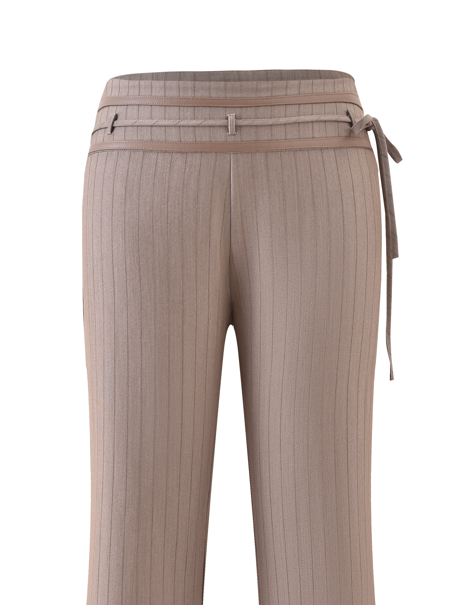 TIGERMIST FEDRA PANT in tan pinstripe, high-waisted with a matching fabric belt and side tie detail, shown from the front against a white background.
