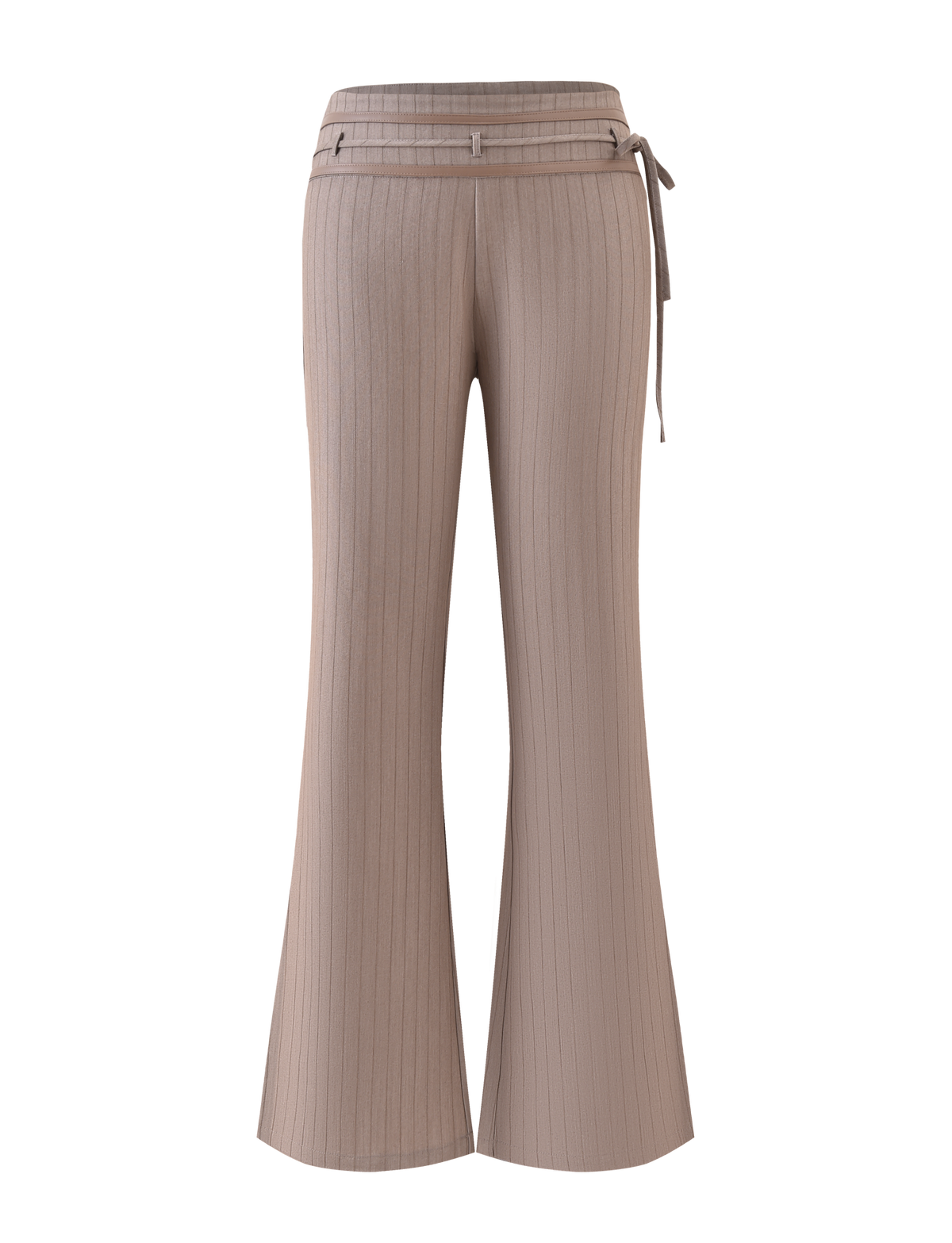 TIGERMIST's FEDRA PANT - TAN PINSTRIPE is a high-waisted, wide-leg suit pant with tan pinstripes and a matching tie belt, shown against a plain white background.