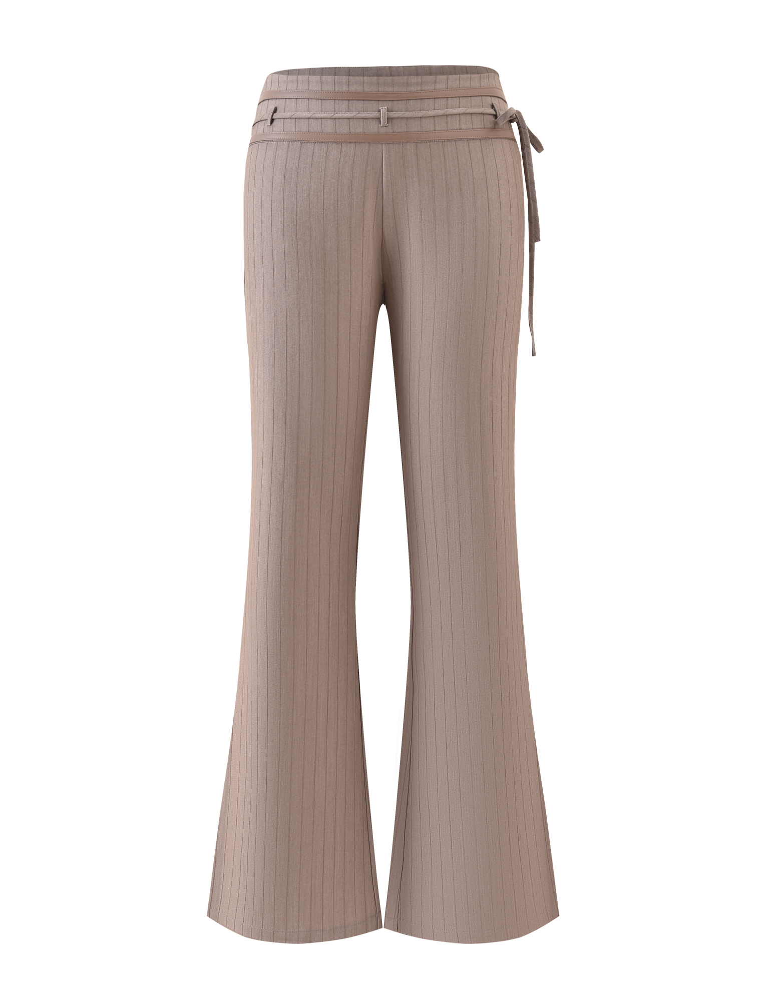 TIGERMIST's FEDRA PANT - TAN PINSTRIPE is a high-waisted, wide-leg suit pant with tan pinstripes and a matching tie belt, shown against a plain white background.