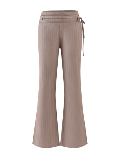 TIGERMIST's FEDRA PANT - TAN PINSTRIPE is a high-waisted, wide-leg suit pant with tan pinstripes and a matching tie belt, shown against a plain white background.