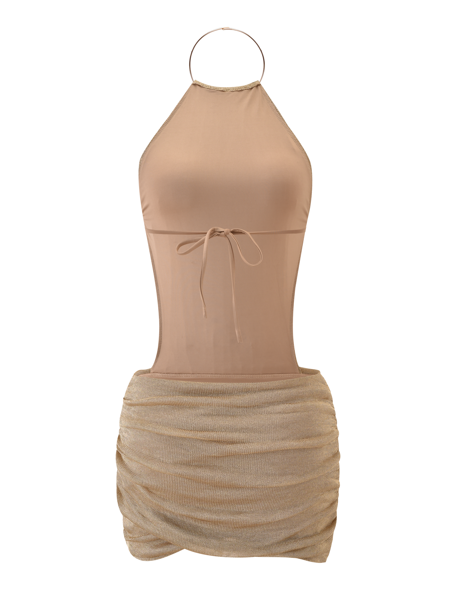 The EVANNA MINI DRESS - GOLD by TIGERMIST features a sheer mesh bodice, thin waist tie, open sides, and a gathered skirt. A gold hoop high neck completes this minimalist and sophisticated look.