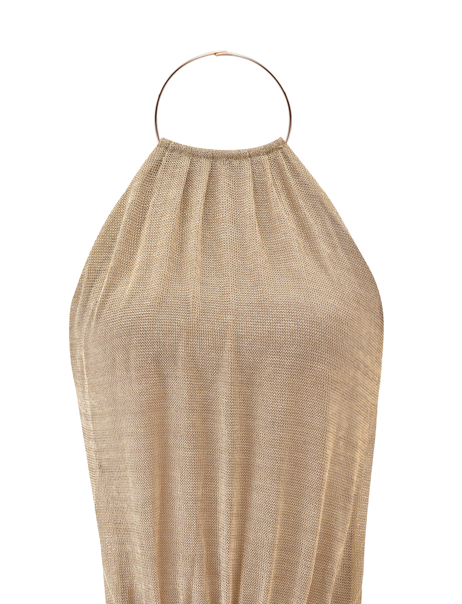 The EVANNA MINI DRESS - GOLD by TIGERMIST is a sleeveless mini dress with a halter neckline, featuring a large circular gold ring at the neck. Displayed against a white background.