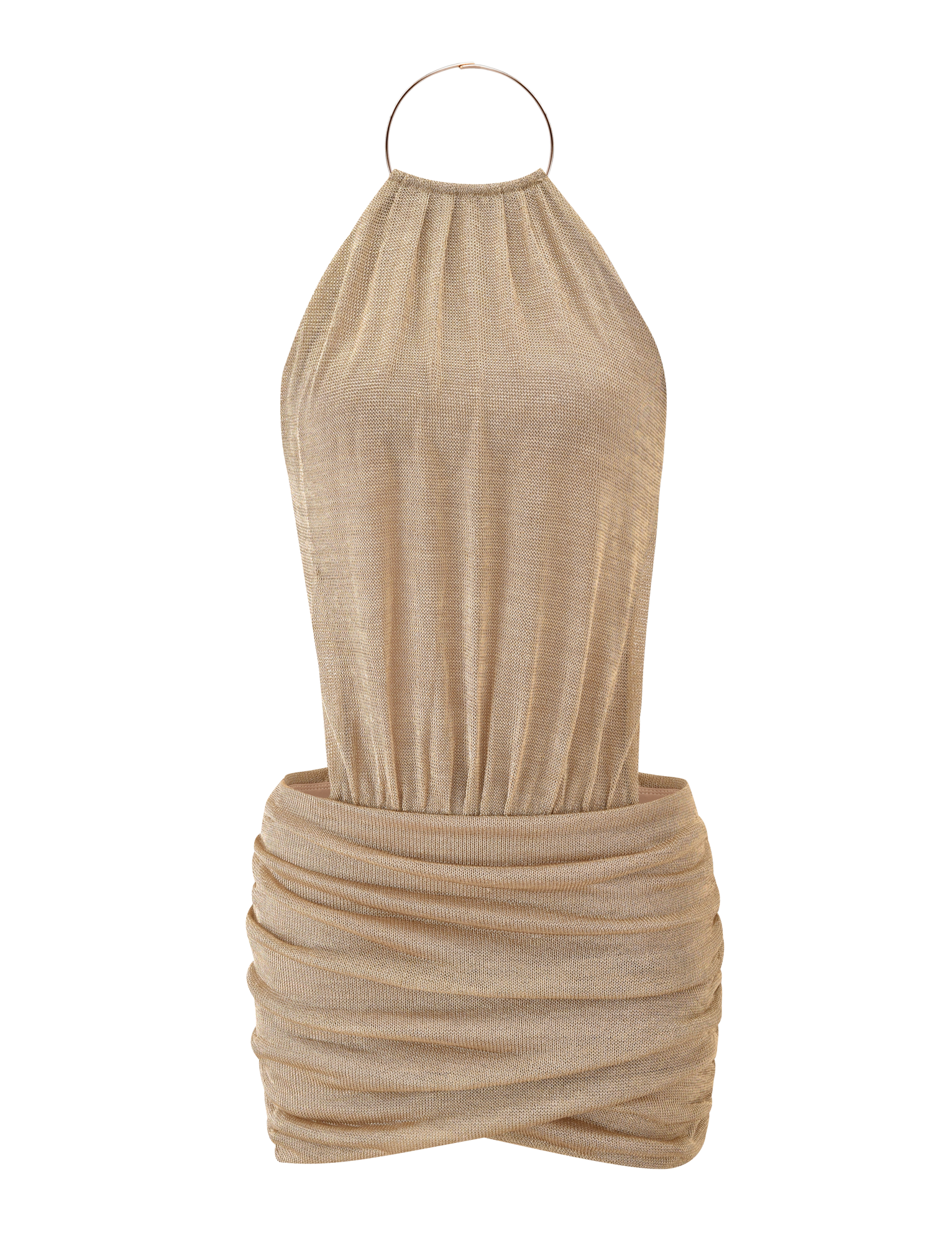 The TIGERMIST EVANNA MINI DRESS - GOLD is a sleeveless halter-neck mini dress with a gathered draped skirt and metallic ring high neck, shown on a plain white background.
