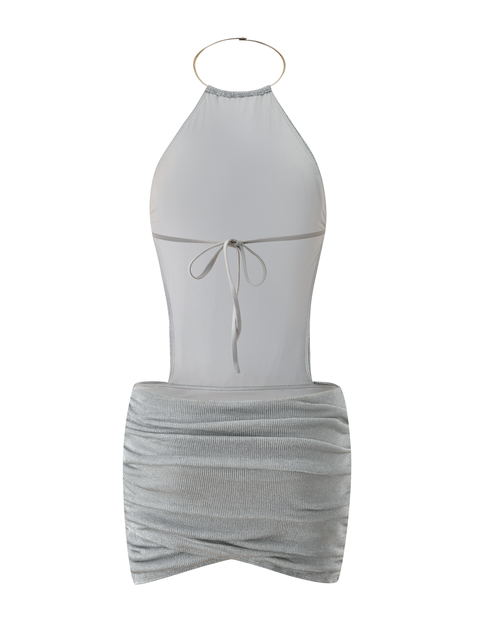 The EVANNA MINI DRESS by TIGERMIST features a silver high neck, gold choker detail, open back with tie closure, and a ruched skirt. Its fitted top and draped skirt offer a sleek yet textured standout style.