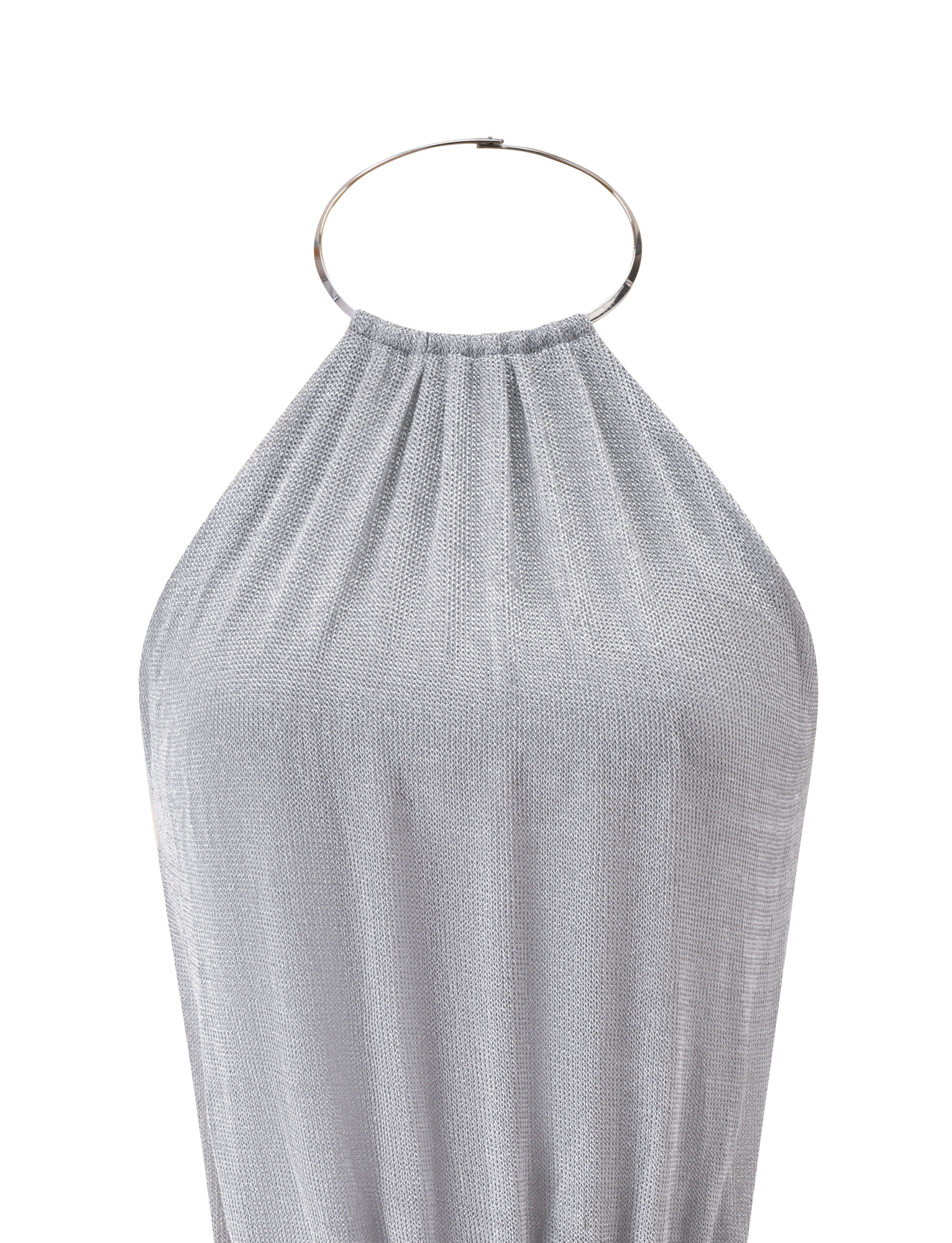 The TIGERMIST EVANNA MINI DRESS - SILVER is a sleeveless, high neck mini dress in textured metallic silver, featuring a large ring at the halter neckline and an open back, shown on a plain white background.