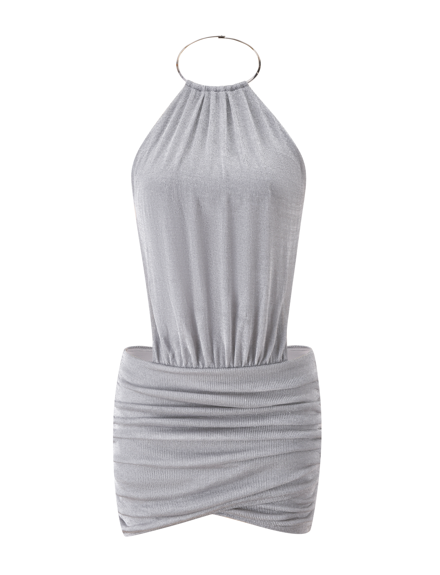 The EVANNA MINI DRESS - SILVER by TIGERMIST is a sleeveless, backless mini dress with a metallic finish, gathered neckline with circular ring detail, and a ruched fitted skirt for a modern look.