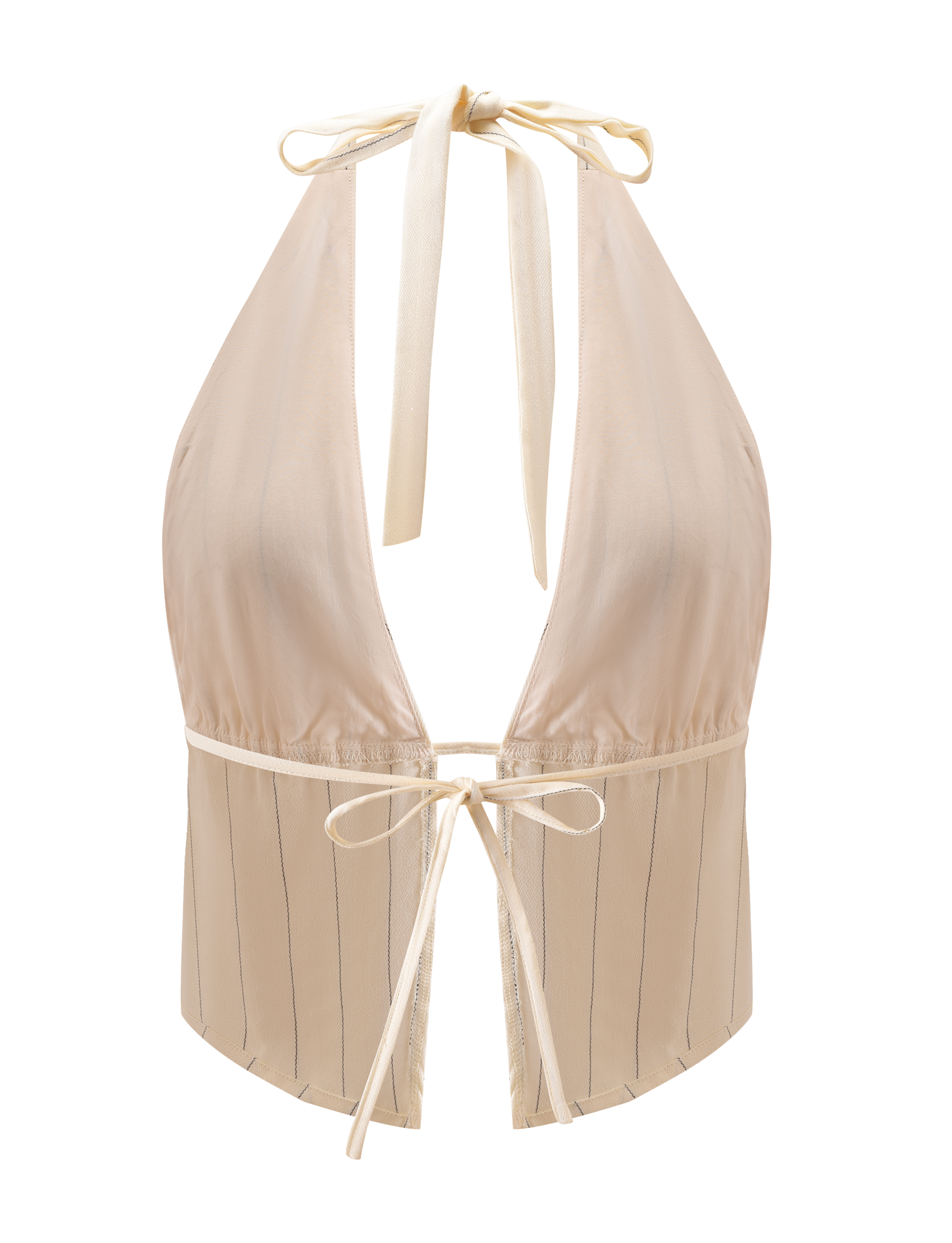 The LAINEY TOP - BEIGE STRIPE by TIGERMIST features a lightweight, satiny linen with thin beige stripes, an open back, deep V-neckline, and adjustable halter ties for a soft shine and customizable fit.