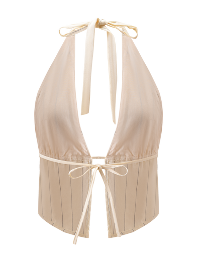 The LAINEY TOP - BEIGE STRIPE by TIGERMIST features a lightweight, satiny linen with thin beige stripes, an open back, deep V-neckline, and adjustable halter ties for a soft shine and customizable fit.