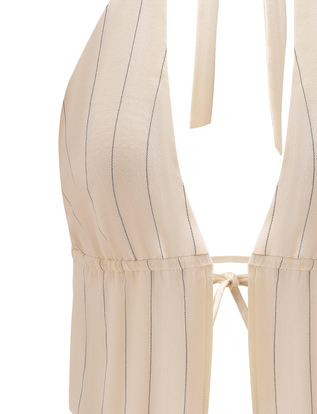 Close-up of the TIGERMIST LAINEY TOP - BEIGE STRIPE, a lightweight linen halter top with thin vertical black stripes, a halter neckline, adjustable back waist ties, and textured fabric.