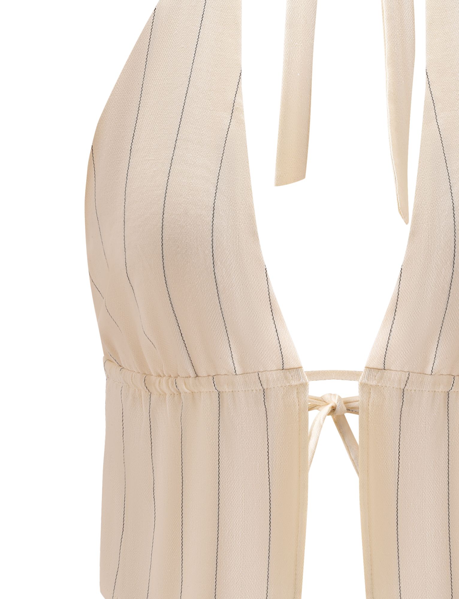 Close-up of the TIGERMIST LAINEY TOP - BEIGE STRIPE, a lightweight linen halter top with thin vertical black stripes, a halter neckline, adjustable back waist ties, and textured fabric.