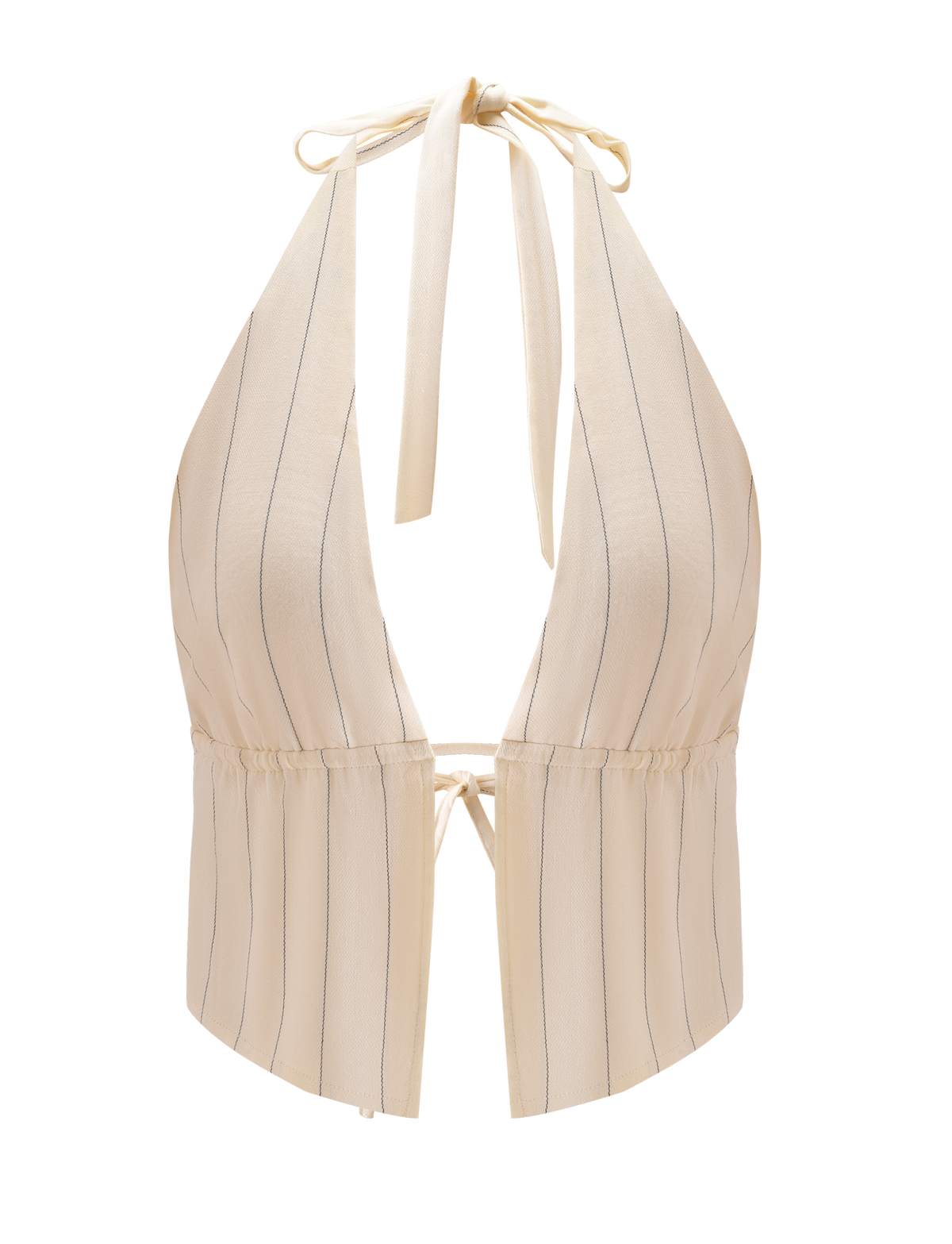The LAINEY TOP - BEIGE STRIPE by TIGERMIST features thin vertical stripes, a deep V neckline, open back, adjustable halter ties at the neck and lower back, and a slightly flared hem for a breezy look.