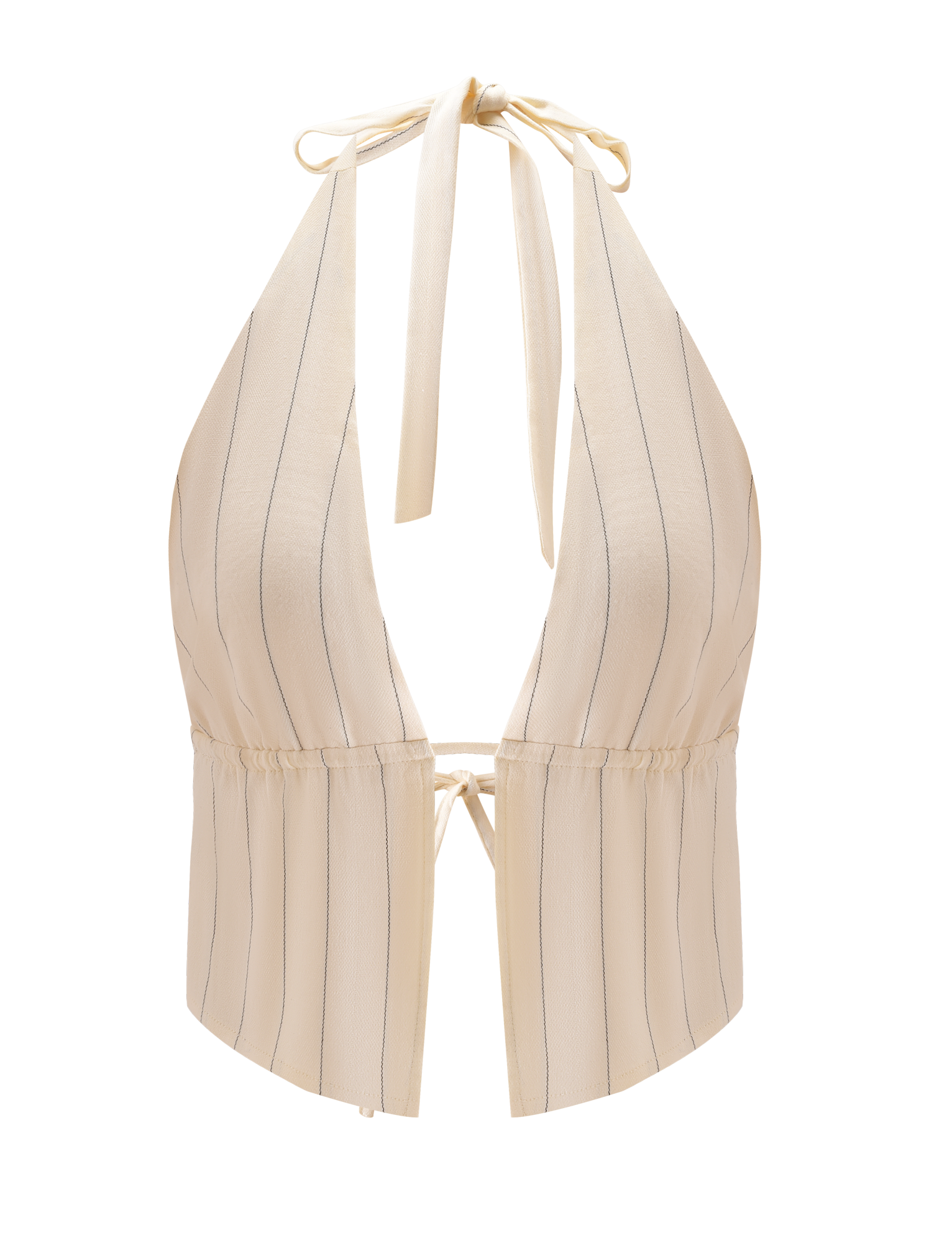 The LAINEY TOP - BEIGE STRIPE by TIGERMIST features thin vertical stripes, a deep V neckline, open back, adjustable halter ties at the neck and lower back, and a slightly flared hem for a breezy look.