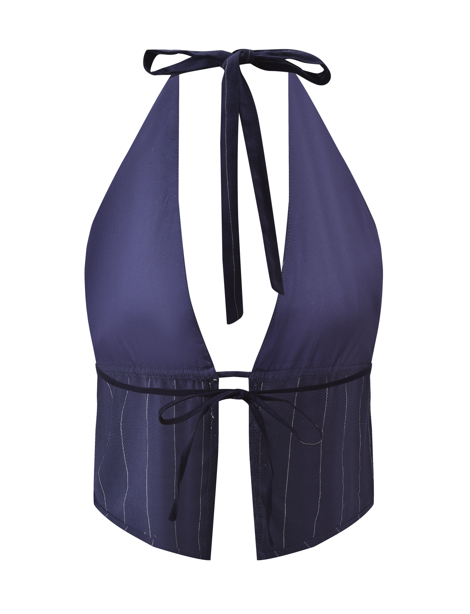 The LAINEY TOP - NAVY PINSTRIPE by TIGERMIST features a linen halter design with a deep V-neck, adjustable neck ties, front tie under the bust, and chic navy pinstripes.