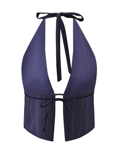 The LAINEY TOP - NAVY PINSTRIPE by TIGERMIST features a linen halter design with a deep V-neck, adjustable neck ties, front tie under the bust, and chic navy pinstripes.