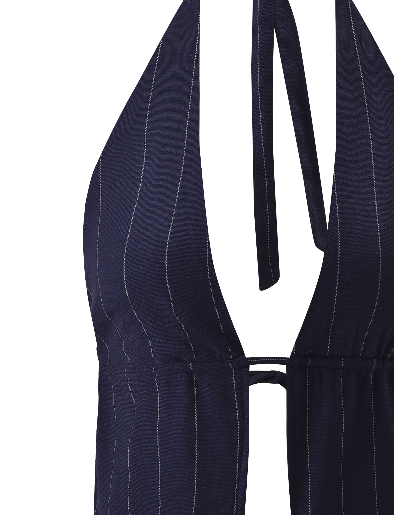 Close-up of the TIGERMIST LAINEY TOP - NAVY PINSTRIPE, showcasing an adjustable halter neck tie and deep V-neckline with thin white vertical pinstripes.