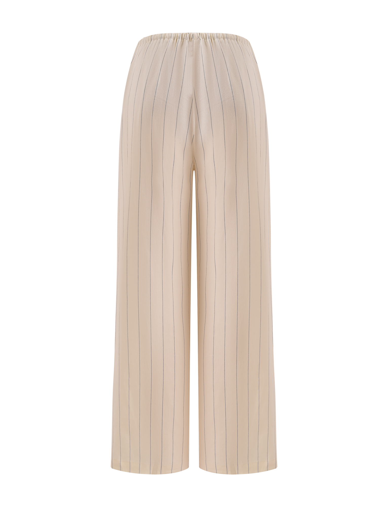 The TIGERMIST LAINEY PANT - BEIGE STRIPE showcases wide-leg linen pants with thin black pinstripes and an elastic waistband, set against a white background.