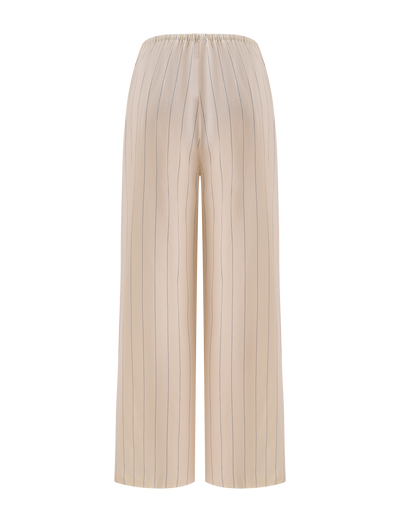 The TIGERMIST LAINEY PANT - BEIGE STRIPE showcases wide-leg linen pants with thin black pinstripes and an elastic waistband, set against a white background.