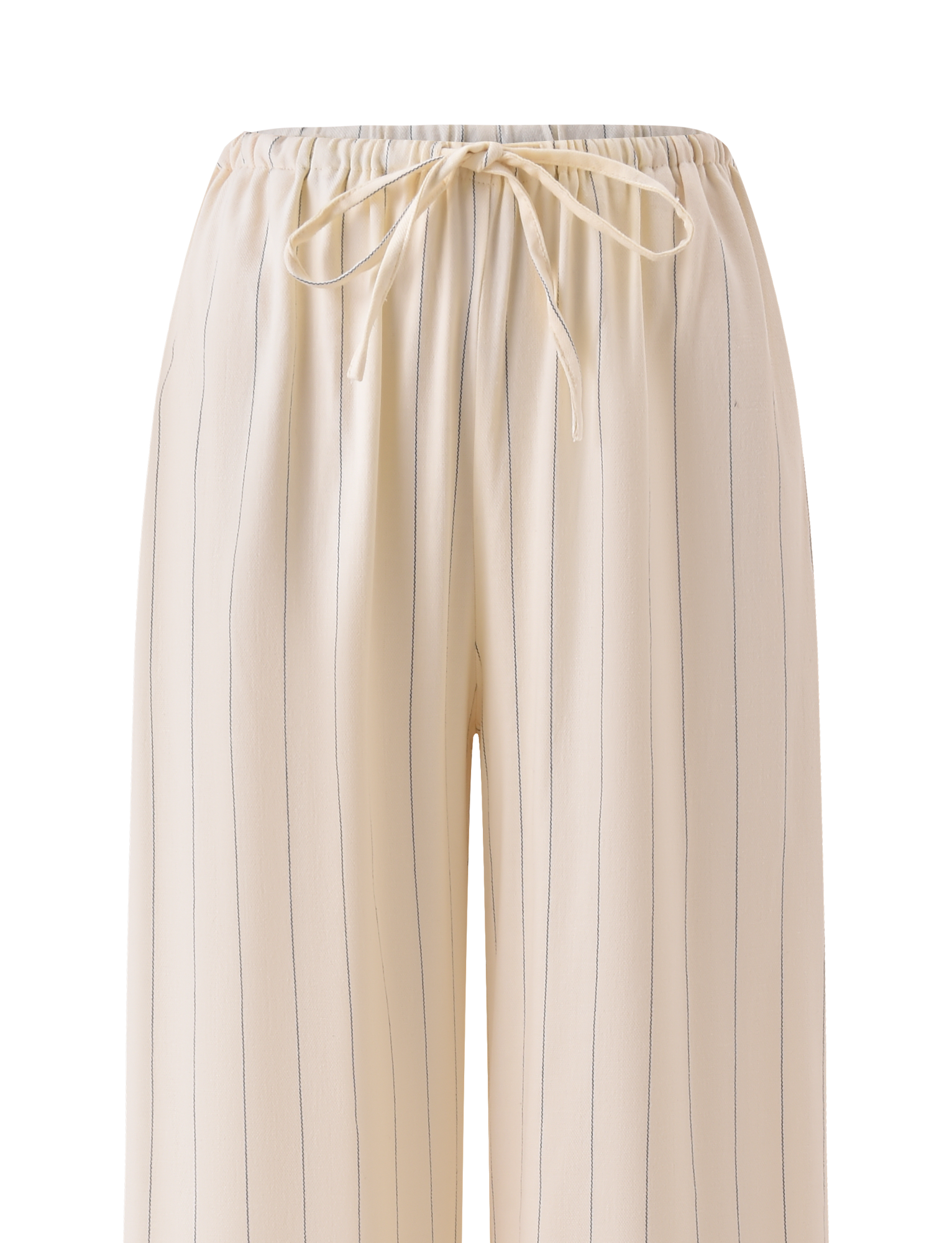 The LAINEY PANT - BEIGE STRIPE by TIGERMIST features cream linen with beige pinstripes, an elastic waistband, bow-tied drawstring, and a relaxed wide-leg silhouette for effortless comfort.