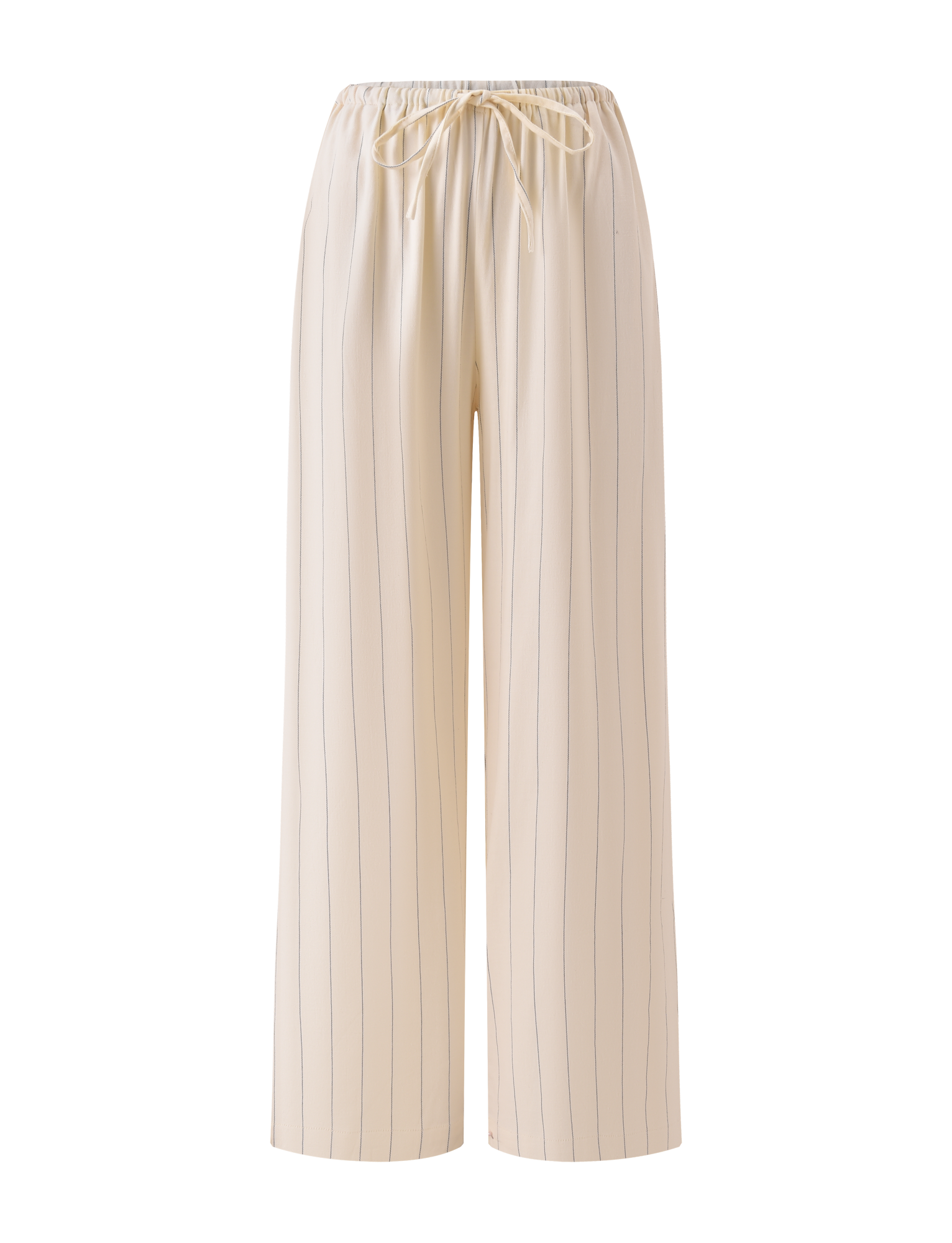 TIGERMIST LAINEY PANT - BEIGE STRIPE: Cream-colored, wide-leg linen pants with beige pinstripes and an elastic drawstring waistband, shown on a white background.