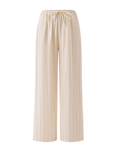 TIGERMIST LAINEY PANT - BEIGE STRIPE: Cream-colored, wide-leg linen pants with beige pinstripes and an elastic drawstring waistband, shown on a white background.